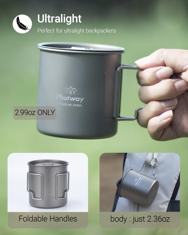 photway Ultralight Titanium Camp Mug with Lid 450ml (15.2oz), Single-Wall Coffee Mug Cup for Backpacking, Camping, Hiking & Open Fire Use - Image 3