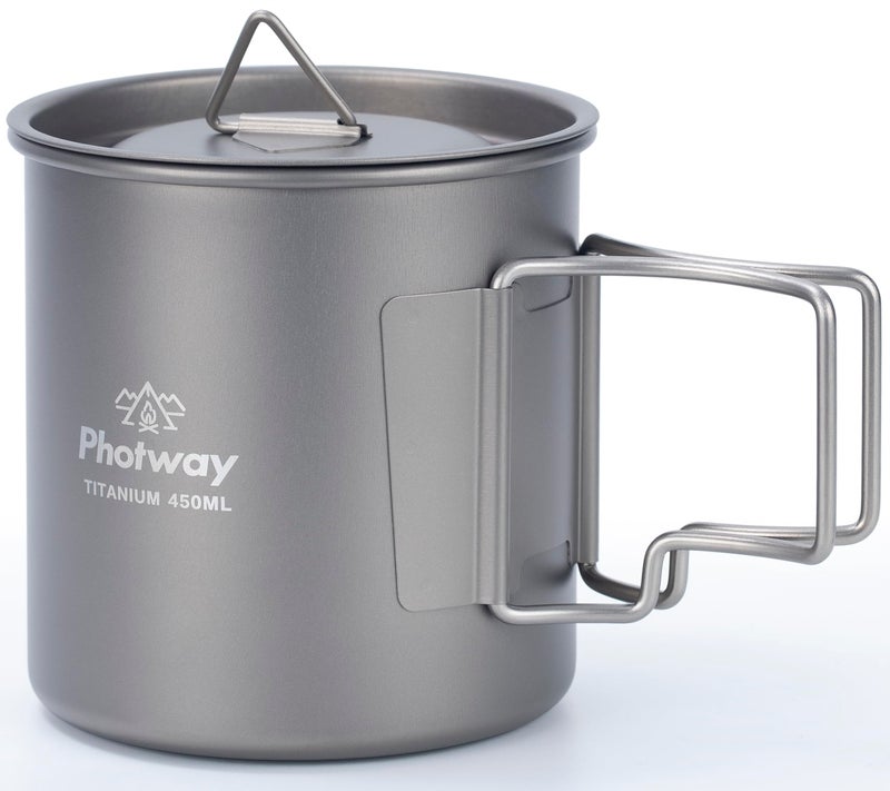 photway Ultralight Titanium Camp Mug with Lid 450ml (15.2oz), Single-Wall Coffee Mug Cup for Backpacking, Camping, Hiking & Open Fire Use - Image 1