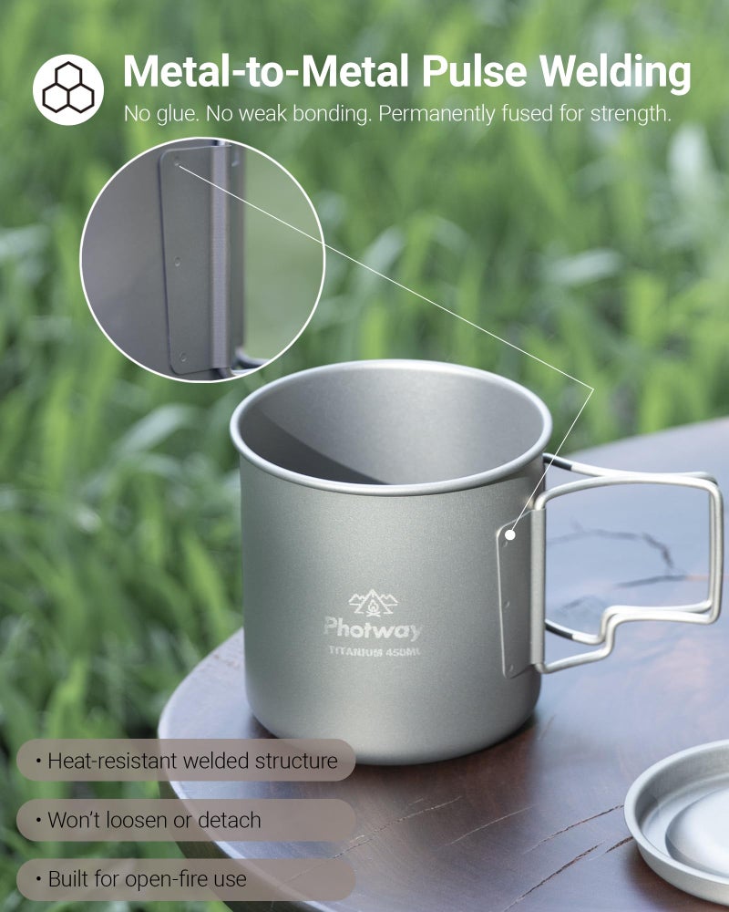 photway Ultralight Titanium Camp Mug with Lid 450ml (15.2oz), Single-Wall Coffee Mug Cup for Backpacking, Camping, Hiking & Open Fire Use - Image 5