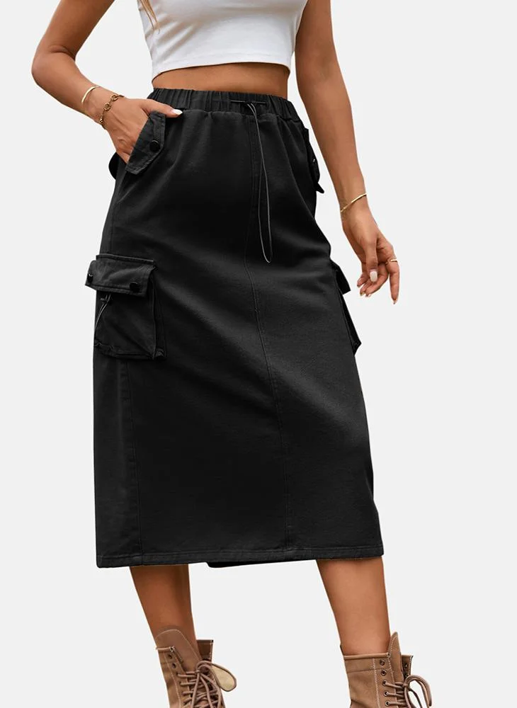 YUNIQEE Black Mid Rise Plain Midi Skirt