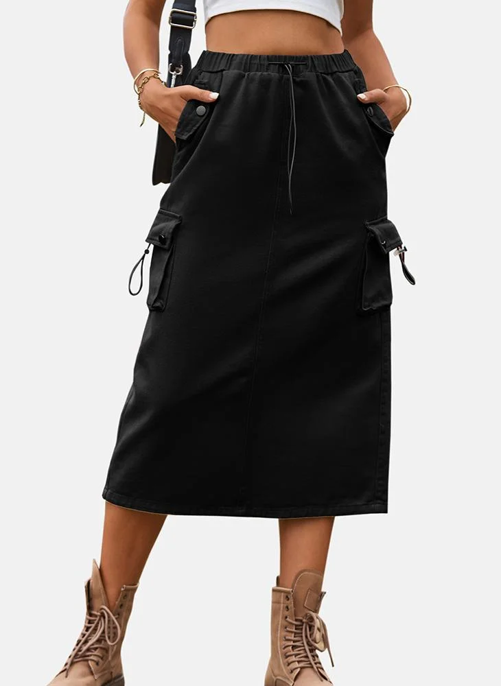 YUNIQEE Black Mid Rise Plain Midi Skirt