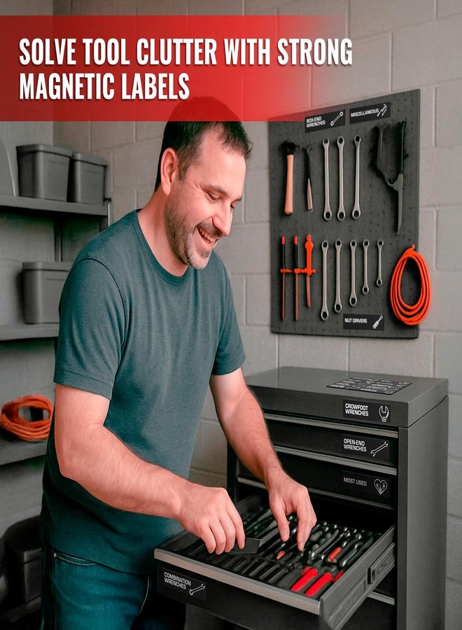 JUZARI 90 Pcs Magnetic Tool Box Labels 3.5x1 inch - Magnetic Toolbox Labels for Tool Box Drawers Strong Magnet Toolbox Organizer Chest Black Pre-Printed & Blanked Emblems for Organization - Toolbox Emblems - Image 5
