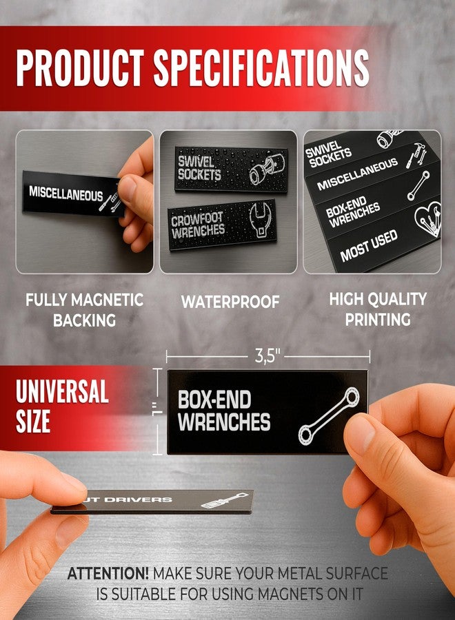 JUZARI 90 Pcs Magnetic Tool Box Labels 3.5x1 inch - Magnetic Toolbox Labels for Tool Box Drawers Strong Magnet Toolbox Organizer Chest Black Pre-Printed & Blanked Emblems for Organization - Toolbox Emblems - Image 2