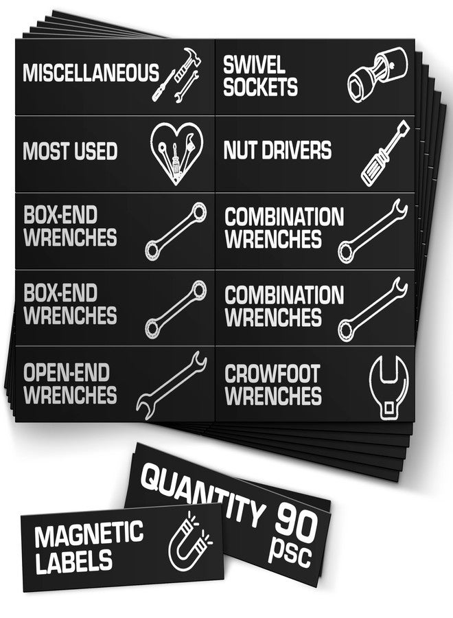 JUZARI 90 Pcs Magnetic Tool Box Labels 3.5x1 inch - Magnetic Toolbox Labels for Tool Box Drawers Strong Magnet Toolbox Organizer Chest Black Pre-Printed & Blanked Emblems for Organization - Toolbox Emblems - Image 1