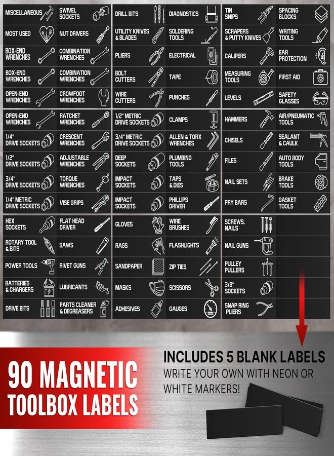 JUZARI 90 Pcs Magnetic Tool Box Labels 3.5x1 inch - Magnetic Toolbox Labels for Tool Box Drawers Strong Magnet Toolbox Organizer Chest Black Pre-Printed & Blanked Emblems for Organization - Toolbox Emblems - Image 4