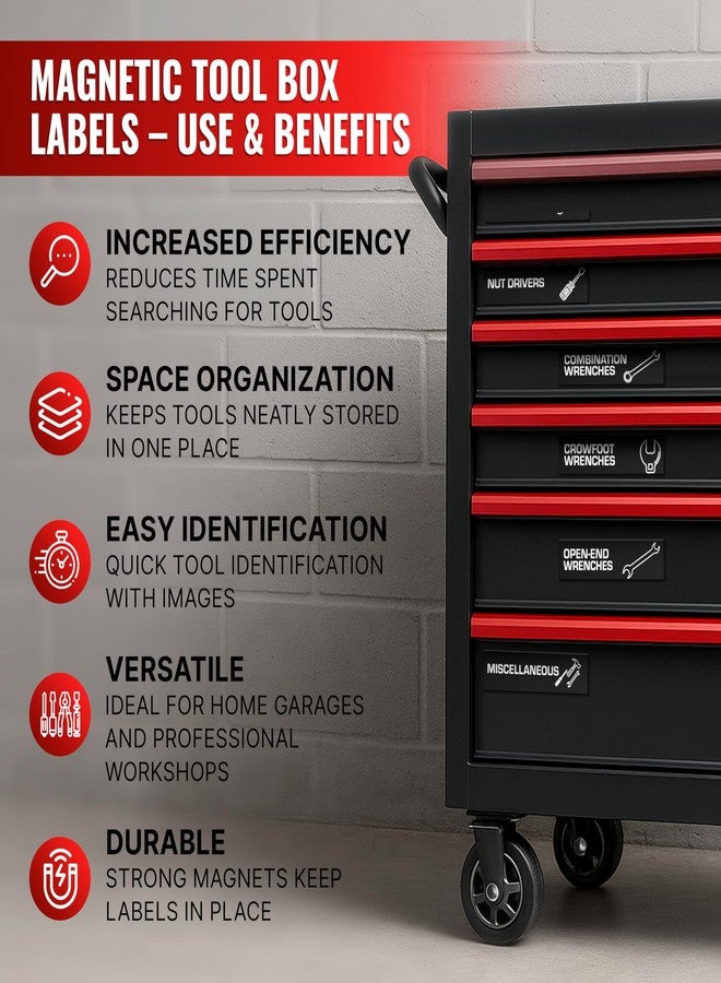 JUZARI 90 Pcs Magnetic Tool Box Labels 3.5x1 inch - Magnetic Toolbox Labels for Tool Box Drawers Strong Magnet Toolbox Organizer Chest Black Pre-Printed & Blanked Emblems for Organization - Toolbox Emblems - Image 3
