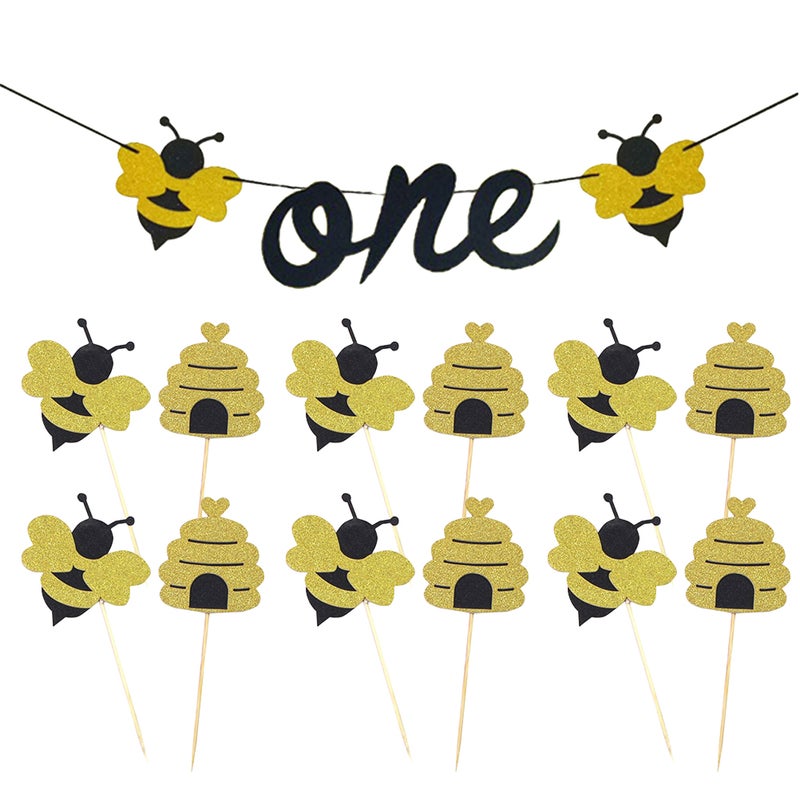 13 Pcs Banner and Cake Toppers Set Wasp Themed Cake Fruit Picks and Bunting Dessert Table Decorative Supplies - Image 1