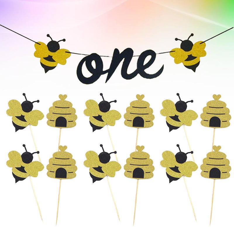 13 Pcs Banner and Cake Toppers Set Wasp Themed Cake Fruit Picks and Bunting Dessert Table Decorative Supplies - Image 4