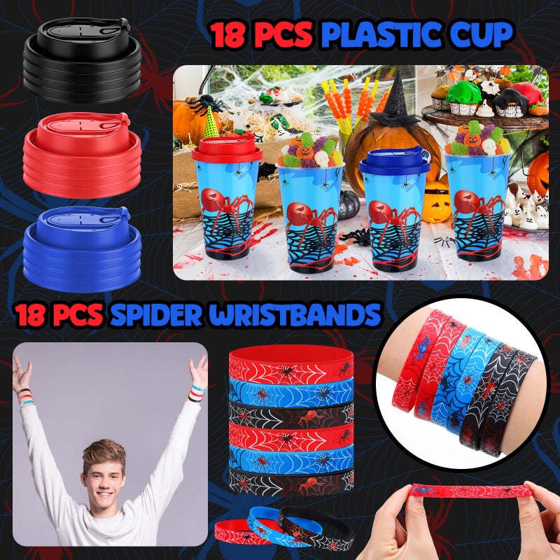 Potchen 72 Pcs Spider Party Favors Spiderweb Birthday Party Supplies Hero Decorations for Guests Including Drawstring Gift Bags Cups and Wristbands for Christmas Birthday Gift Favors - Image 4
