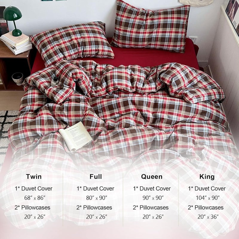 EAVD Vintage Red Brown Buffalo Plaid Duvet Cover Queen 100% Wasehd Cotton Plaid Bedding Set with Grid Checkered Pattern Farmhouse Gingham Duvet Cover with Zipper Closure 2 Pillowcases for All-Season - Image 5