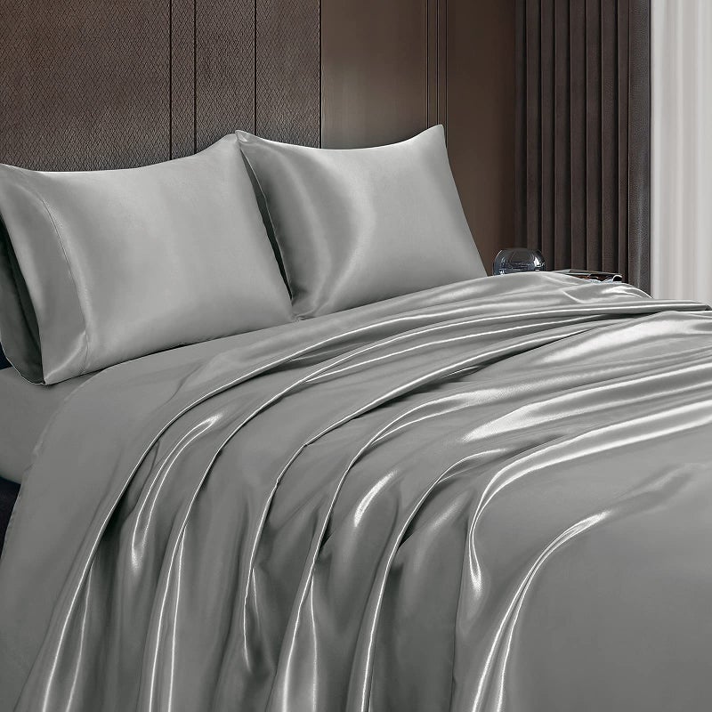 Homiest 4pcs Satin Sheets Set Luxury Silky Satin Bedding Set with Deep Pocket  1 Fitted Sheet + 1 Flat Sheet + 2 Pillowcases (King Size  Light Grey) - Image 4