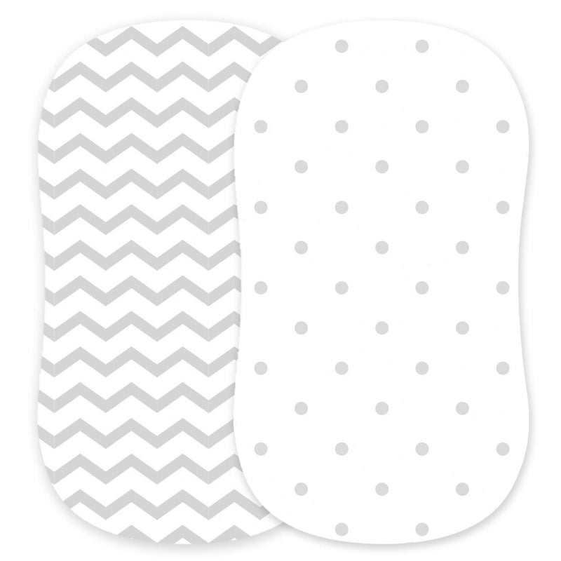 Cuddly Cubs Bassinet Fitted Sheets Compatible with Halo Fisher Price Delta Graco  Fits Perfectly on 15 x 33 Inch Oval Rectangular Mattress Pad  Snuggly Soft Jersey Cotton  Grey Dots Chevron  2 Pack