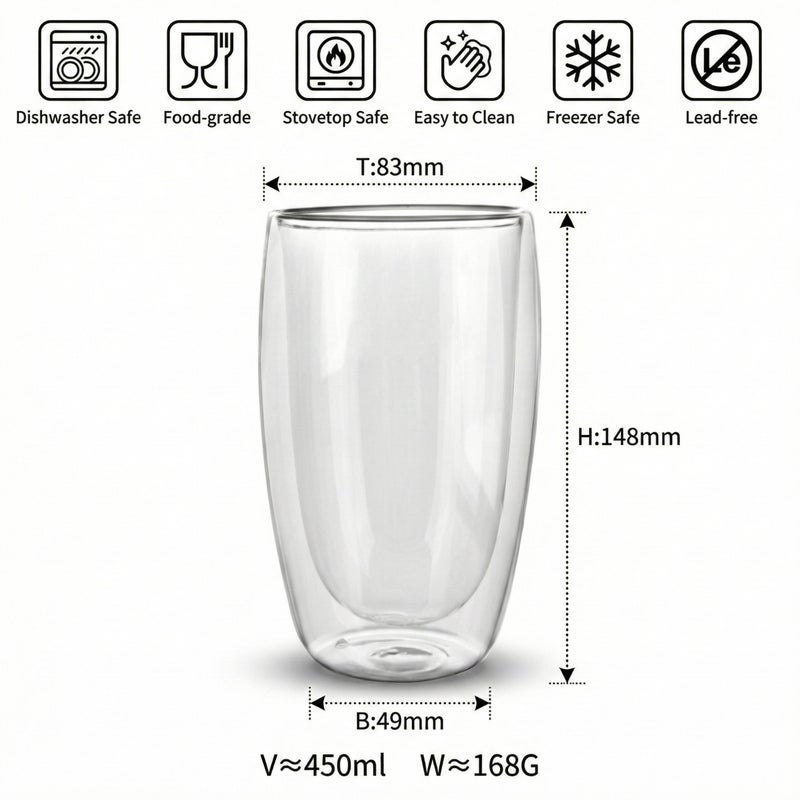 كويزين أرت طقم أكواب زجاجية مزدوجة الجدار من زجاج البوروسيليكات من كويزين آرت، سعة 450 مل، قطعتان | أكواب شفافة مقاومة للحرارة للشاي والقهوة واللاتيه | زجاج معزول وآمن للاستخدام في الميكروويف وغسالة الصحون - Image 4