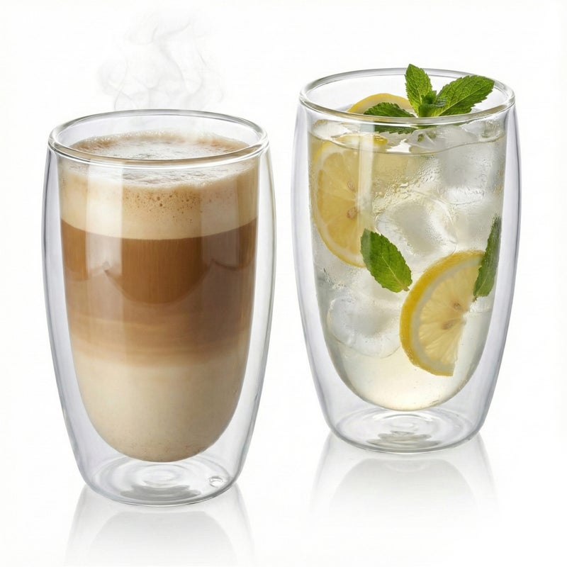 كويزين أرت طقم أكواب زجاجية مزدوجة الجدار من زجاج البوروسيليكات من كويزين آرت، سعة 450 مل، قطعتان | أكواب شفافة مقاومة للحرارة للشاي والقهوة واللاتيه | زجاج معزول وآمن للاستخدام في الميكروويف وغسالة الصحون - Image 2