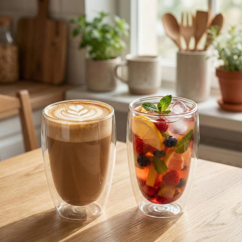 كويزين أرت طقم أكواب زجاجية مزدوجة الجدار من زجاج البوروسيليكات من كويزين آرت، سعة 450 مل، قطعتان | أكواب شفافة مقاومة للحرارة للشاي والقهوة واللاتيه | زجاج معزول وآمن للاستخدام في الميكروويف وغسالة الصحون - Image 3