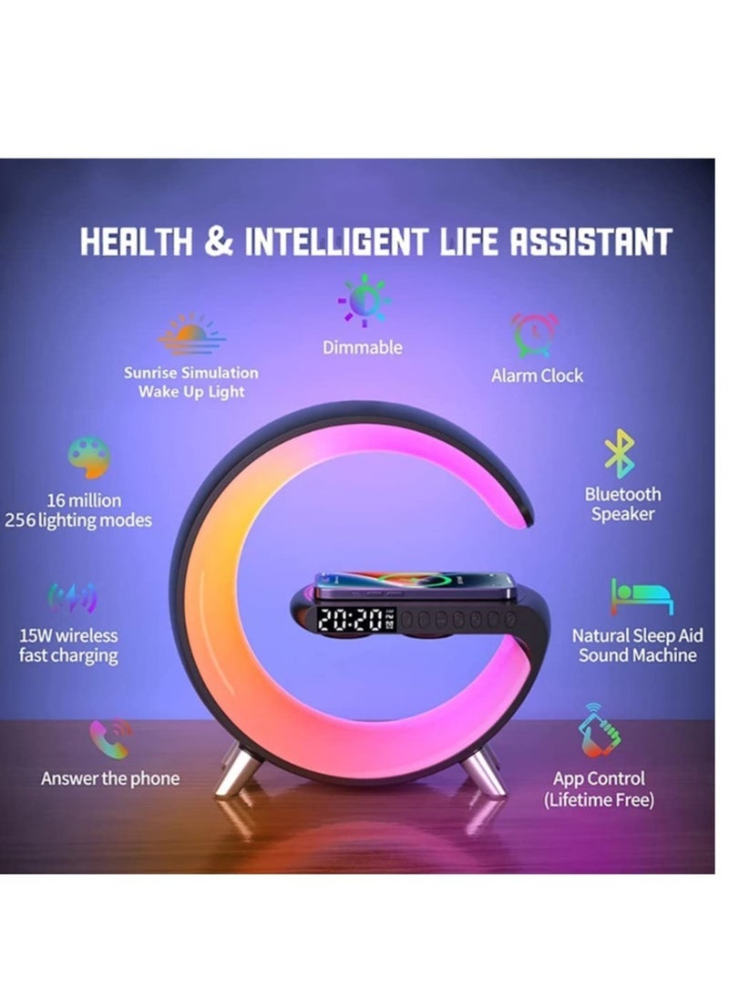 Table Lamp Desk Night Light with 15W Quick Wireless Charger and Bluetooth Speaker, Desk Lamp with Alarm Clock and 256 RGB Light Modes Bedroom Lamp As Sleep Aid White Noise Machine