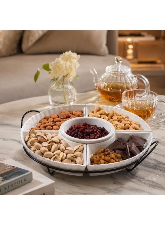 Master Gold 14.5 Inch Premium 5 Divided Porcelain Serving Plate with Metal Base | Glossy White Round Hospitality Plate for Nuts, Desserts and Fruits | Serving Plates - Image 2