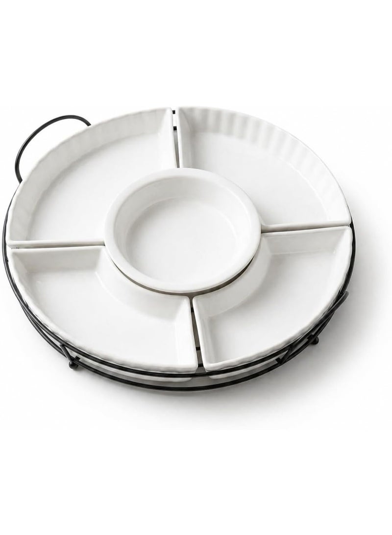 Master Gold 14.5 Inch Premium 5 Divided Porcelain Serving Plate with Metal Base | Glossy White Round Hospitality Plate for Nuts, Desserts and Fruits | Serving Plates - Image 1