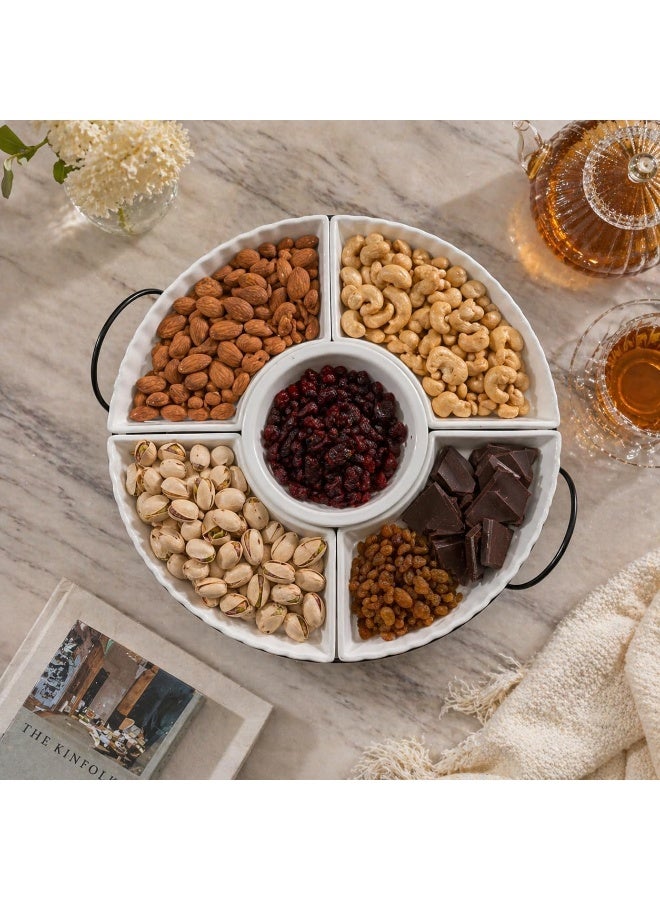 Master Gold 14.5 Inch Premium 5 Divided Porcelain Serving Plate with Metal Base | Glossy White Round Hospitality Plate for Nuts, Desserts and Fruits | Serving Plates - Image 4