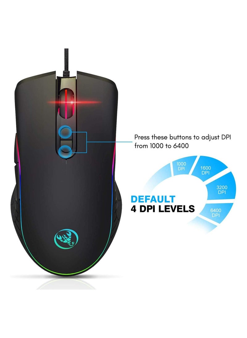TKOOFN - RGB Gaming Mouse, 4 DPI (1000/1600/3200/6400) Optical LED Mouse Wired with 7 Buttons RGB Marquee LED, Ideal for Laptop PC Computer Games - Image 1