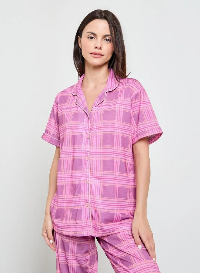 ستايلي Pink Check Short Sleeve Shirt and Placket Detail Pyjama Set