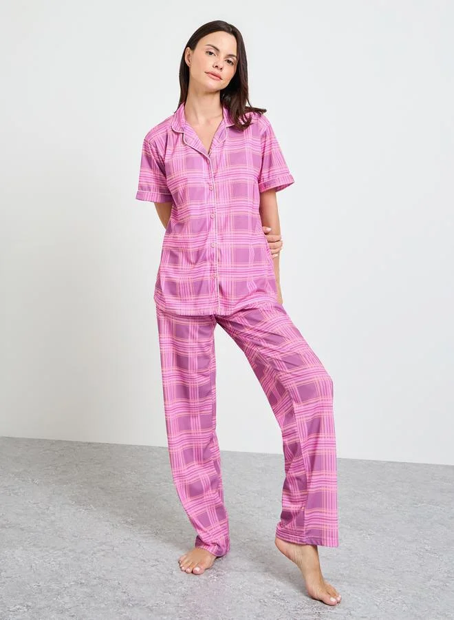 ستايلي Pink Check Short Sleeve Shirt and Placket Detail Pyjama Set
