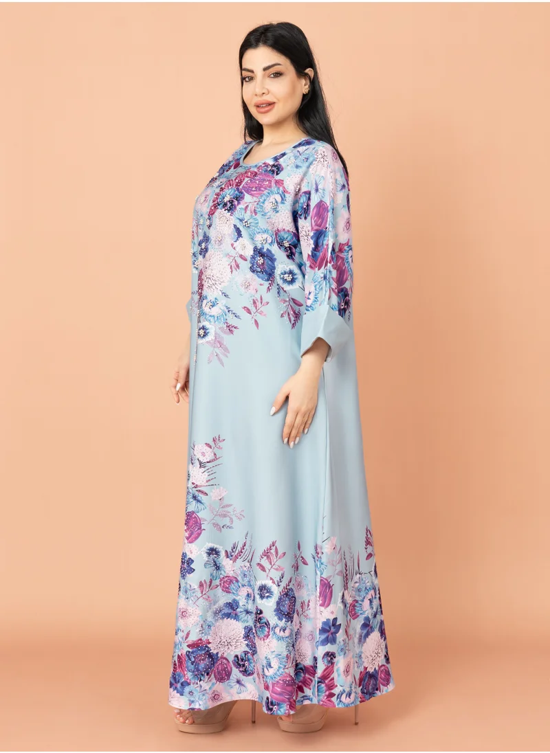 IKKXA Floral Printed Modern Jalabiya IK1001 Blue