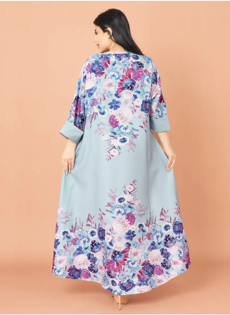 IKKXA Floral Printed Modern Jalabiya IK1001 Blue