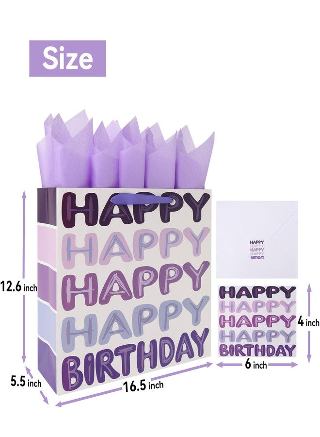 Qirrmiy 16.5" Extra Large Purple Happy Birthday Gift Bag Set with Handles, Greeting Card, Tissue Papers and Stickers for Women Girls Kids Teens, Words Design, 1 Pcs - Image 2