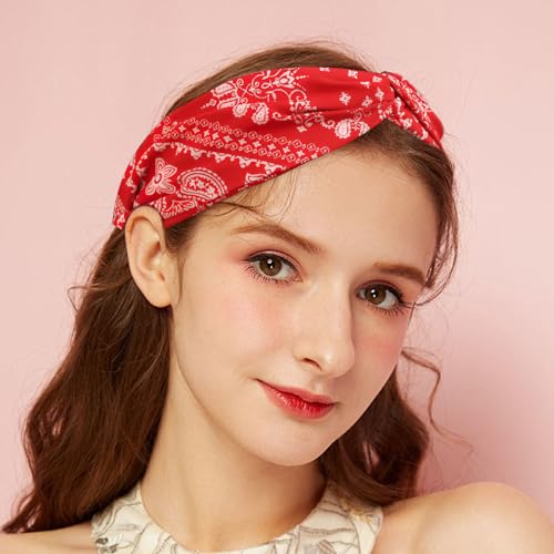 CoolShef Bandana Headbands for Women | Red Hair Band for Girls with Cross Twist Knot | Wide Non-Slip Boho Paisley Headband for Fashion, Workout, and Travel - Image 5
