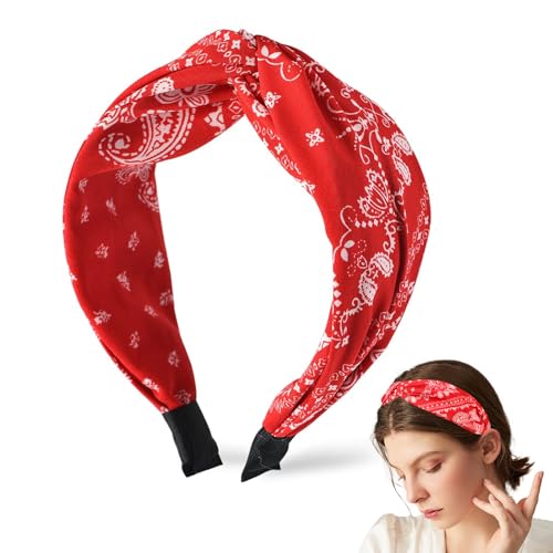 CoolShef Bandana Headbands for Women | Red Hair Band for Girls with Cross Twist Knot | Wide Non-Slip Boho Paisley Headband for Fashion, Workout, and Travel - Image 1