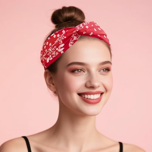 CoolShef Bandana Headbands for Women | Red Hair Band for Girls with Cross Twist Knot | Wide Non-Slip Boho Paisley Headband for Fashion, Workout, and Travel - Image 2