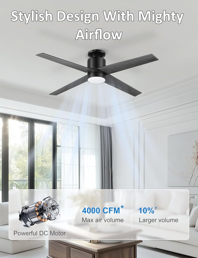 Ohniyou Ceiling Fans with Lights Flush Mount, 52 Inch Low Profile Ceiling Fan with Light, 4 Blades, 6 Speeds, Ceiling Fans with Lights and Remote for Bedroom Living Room Indoor (Black) - Image 2