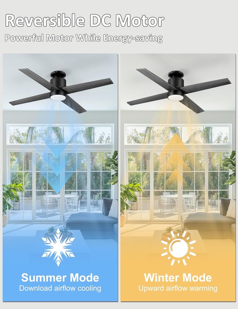 Ohniyou Ceiling Fans with Lights Flush Mount, 52 Inch Low Profile Ceiling Fan with Light, 4 Blades, 6 Speeds, Ceiling Fans with Lights and Remote for Bedroom Living Room Indoor (Black) - Image 4