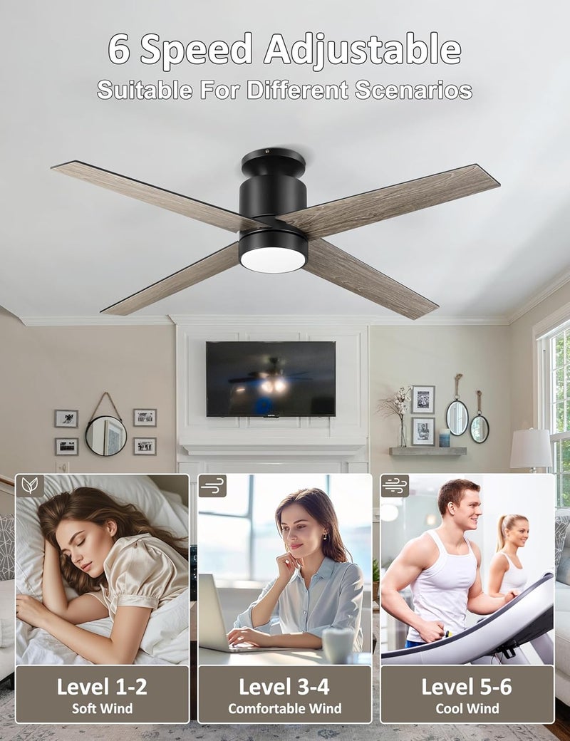 Ohniyou Ceiling Fans with Lights Flush Mount, 52 Inch Low Profile Ceiling Fan with Light, 4 Blades, 6 Speeds, Ceiling Fans with Lights and Remote for Bedroom Living Room Indoor (Black) - Image 5