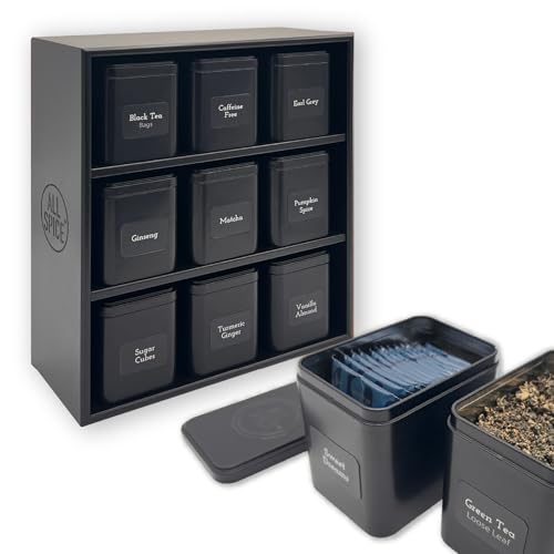 AllSpice Tea Organizer Rack with 9 Tins & 160 Magnetic Labels – Perfect for Bagged & Loose Leaf Tea Organization - Black - Image 1