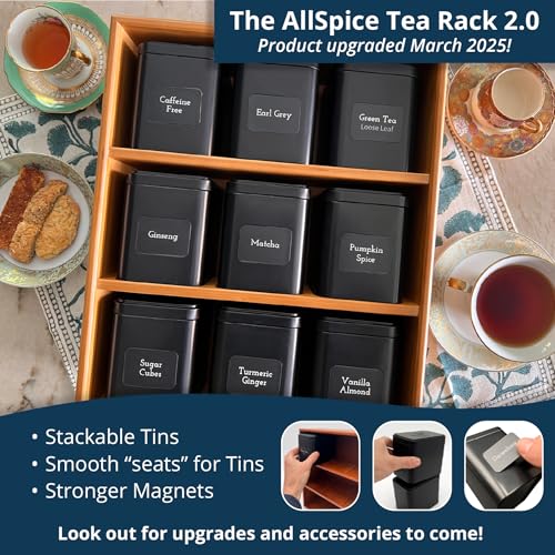 AllSpice Tea Organizer Rack with 9 Tins & 160 Magnetic Labels – Perfect for Bagged & Loose Leaf Tea Organization - Black - Image 2