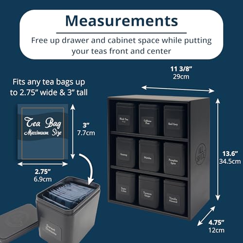 AllSpice Tea Organizer Rack with 9 Tins & 160 Magnetic Labels – Perfect for Bagged & Loose Leaf Tea Organization - Black - Image 4