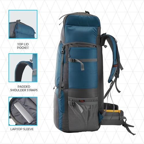 TRAWOC Stonex 60L Travel Backpack for Men & Women | Trekking & Hiking Rucksack with Laptop Sleeve, Rain Cover, YKK Zippers, Padded Hip Belt, Water-Resistant Fabric | 3 Year Warranty (HK001)-Navyblue - Image 3