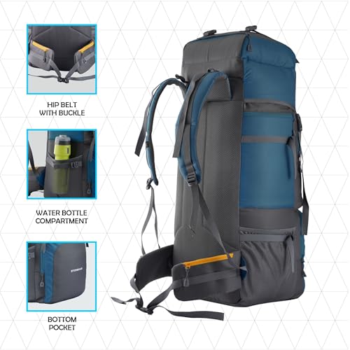 TRAWOC Stonex 60L Travel Backpack for Men & Women | Trekking & Hiking Rucksack with Laptop Sleeve, Rain Cover, YKK Zippers, Padded Hip Belt, Water-Resistant Fabric | 3 Year Warranty (HK001)-Navyblue - Image 5
