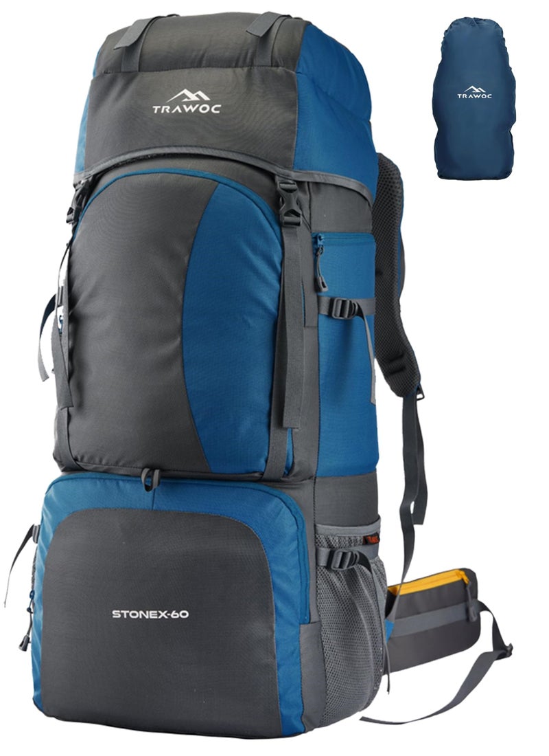 TRAWOC Stonex 60L Travel Backpack for Men & Women | Trekking & Hiking Rucksack with Laptop Sleeve, Rain Cover, YKK Zippers, Padded Hip Belt, Water-Resistant Fabric | 3 Year Warranty (HK001)-Navyblue - Image 1
