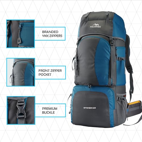 TRAWOC Stonex 60L Travel Backpack for Men & Women | Trekking & Hiking Rucksack with Laptop Sleeve, Rain Cover, YKK Zippers, Padded Hip Belt, Water-Resistant Fabric | 3 Year Warranty (HK001)-Navyblue - Image 2