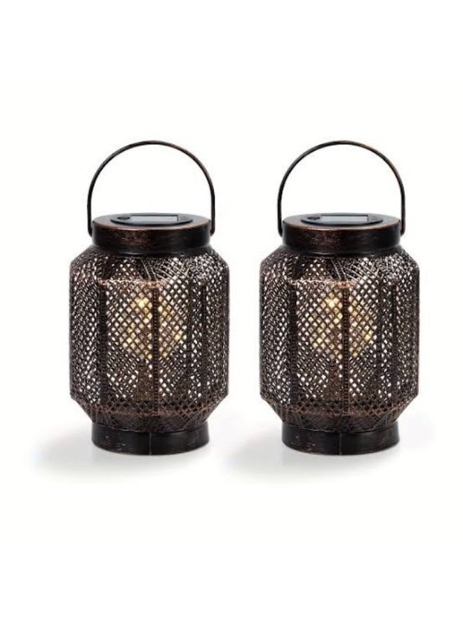 Rich Life Set of 2 Decorative Solar Lanterns for Outdoor Use – Antique Bronze-Copper Metal Finish with Intricate Mesh Design, Warm White LED Flickering Light, Auto On/Off Dusk to Dawn Sensor, Weatherproof Construction, Hanging Handle for Patio, Garden, Porch, or Tabletop Ambiance - Image 1
