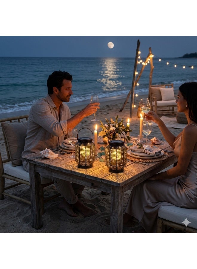 Rich Life Set of 2 Decorative Solar Lanterns for Outdoor Use – Antique Bronze-Copper Metal Finish with Intricate Mesh Design, Warm White LED Flickering Light, Auto On/Off Dusk to Dawn Sensor, Weatherproof Construction, Hanging Handle for Patio, Garden, Porch, or Tabletop Ambiance - Image 2