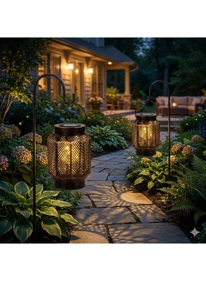 Rich Life Set of 2 Decorative Solar Lanterns for Outdoor Use – Antique Bronze-Copper Metal Finish with Intricate Mesh Design, Warm White LED Flickering Light, Auto On/Off Dusk to Dawn Sensor, Weatherproof Construction, Hanging Handle for Patio, Garden, Porch, or Tabletop Ambiance - Image 4