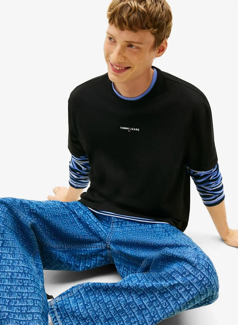 Tommy Jeans Black Linear Logo Embroidery Relaxed T-Shirt for Men | Best Price UAE