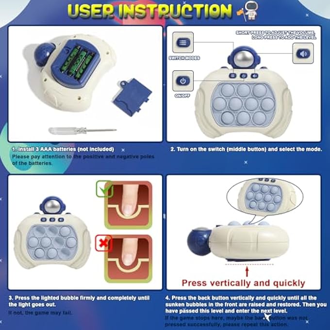 QUICK PUSH SENSORY FIDGET TOYS FOR KIDS ADULTS, HANDHELD PUZZLE GAME, FAST PUSH TRAVEL TOYS, XMAS BIRTHDAY GIFT FOR BOYS GIRLS (ASTRONAUT GREEN LIGHT) - Image 3