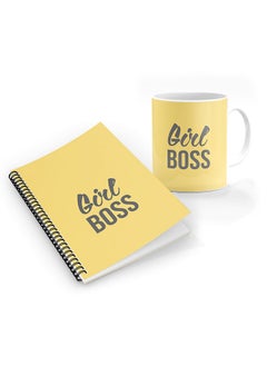 Stylizedd Designer Printed Coffee Mug + A5 Spiral Notebook Memo Notepad Journal Personalised Combo Gift Set  - Girl Boss -Yellow
