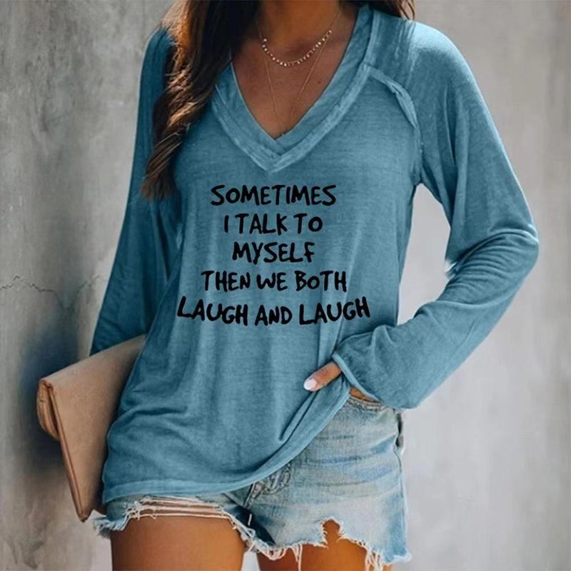 Independent Station Sometimes Printed Long-Sleeved V-Neck T-Shirt Women'S