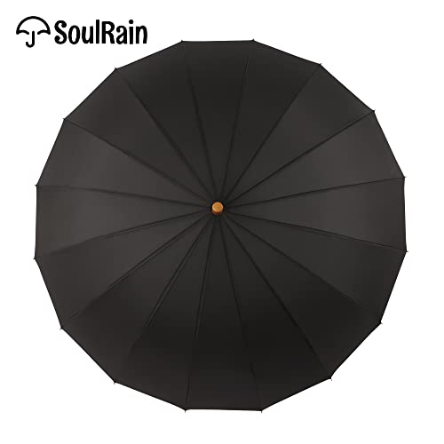 SoulRain 16 Ribs 48 Stick Umbrella Auto Open Solid Color Fashionable and SimpleArc Classic Wood HandleWindproof Unbreakable Stick Rain Umbrella Black - Image 3